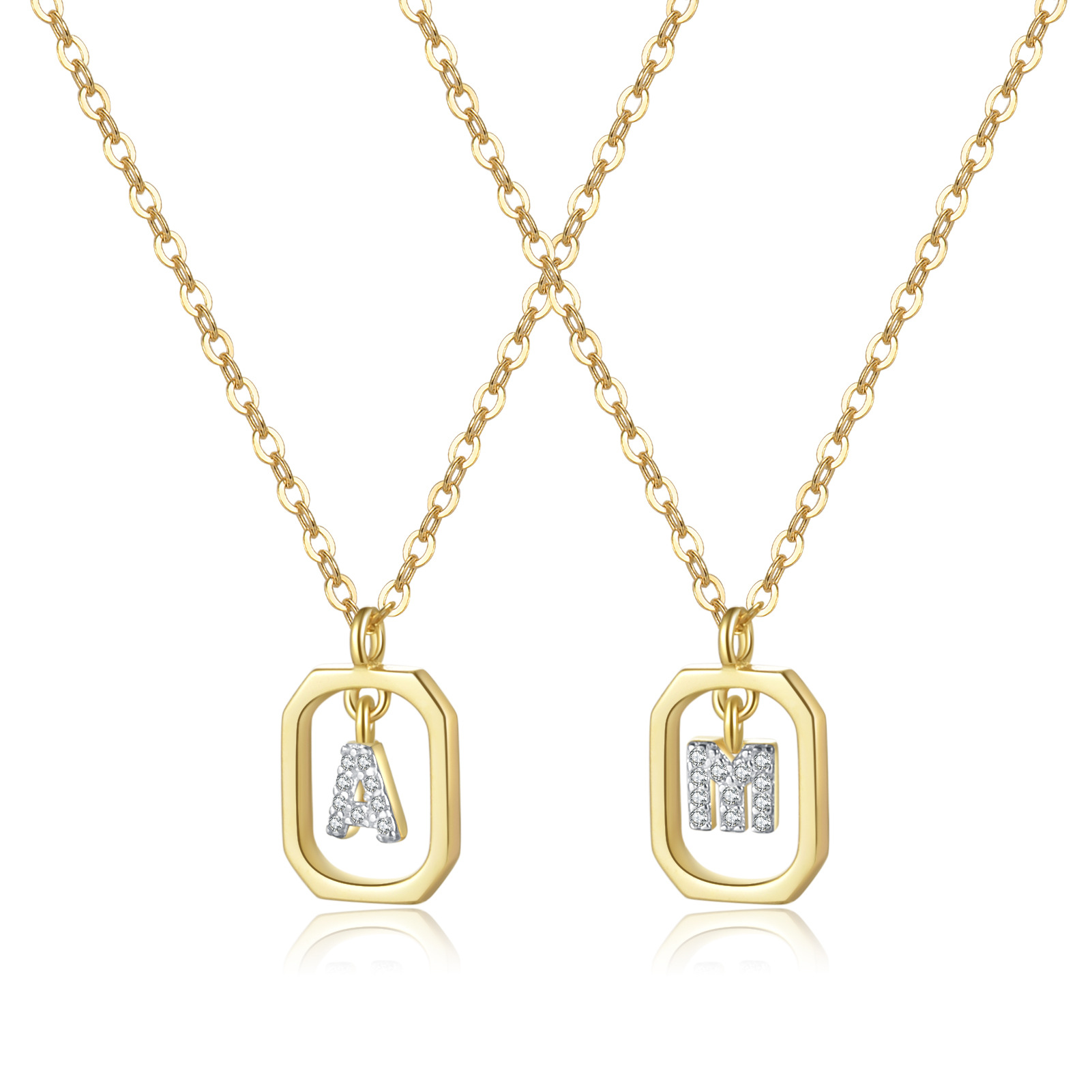 925 纯银长方形锆石字母项链