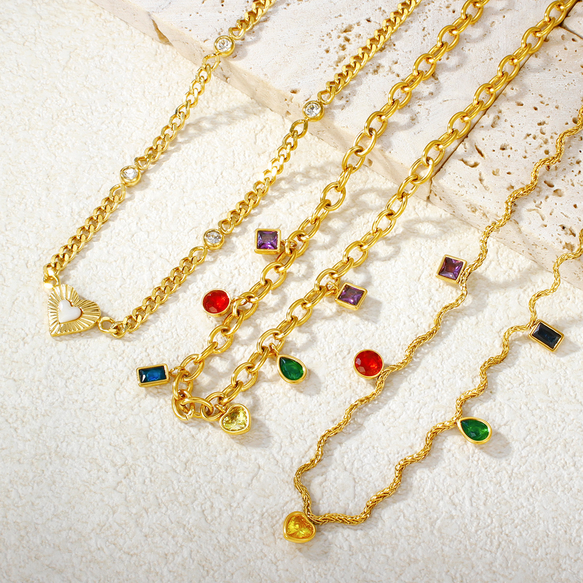 时尚法式优雅锆石项链，女士彩色流苏吊坠搭配波浪链